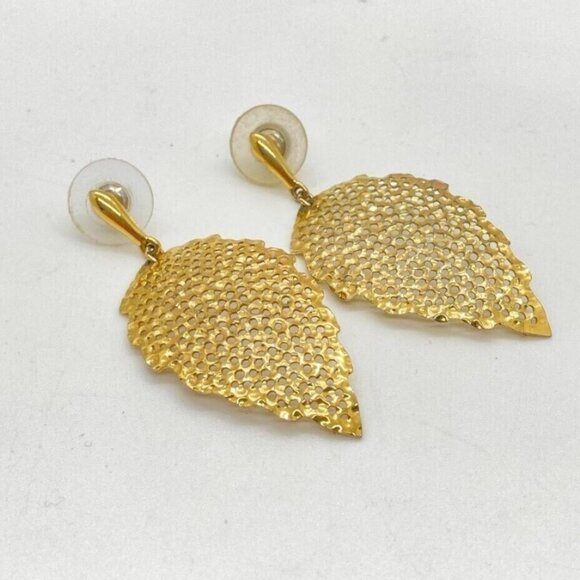 Vintage Leaf Dangle 2" Earrings Gold Tone Filigree Modernist - Picture 7 of 7